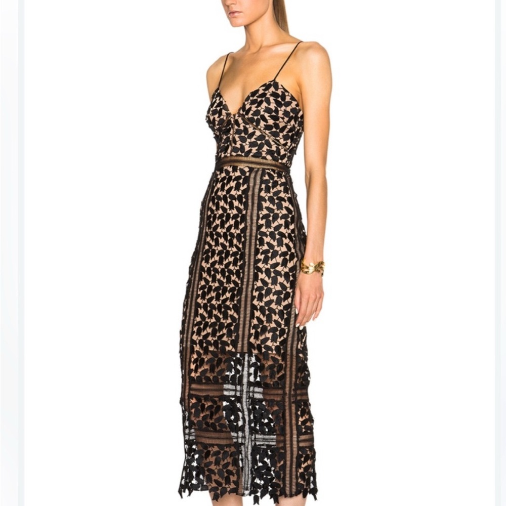 Self Portrait Arabella Black Lace V Neck Midi Dress